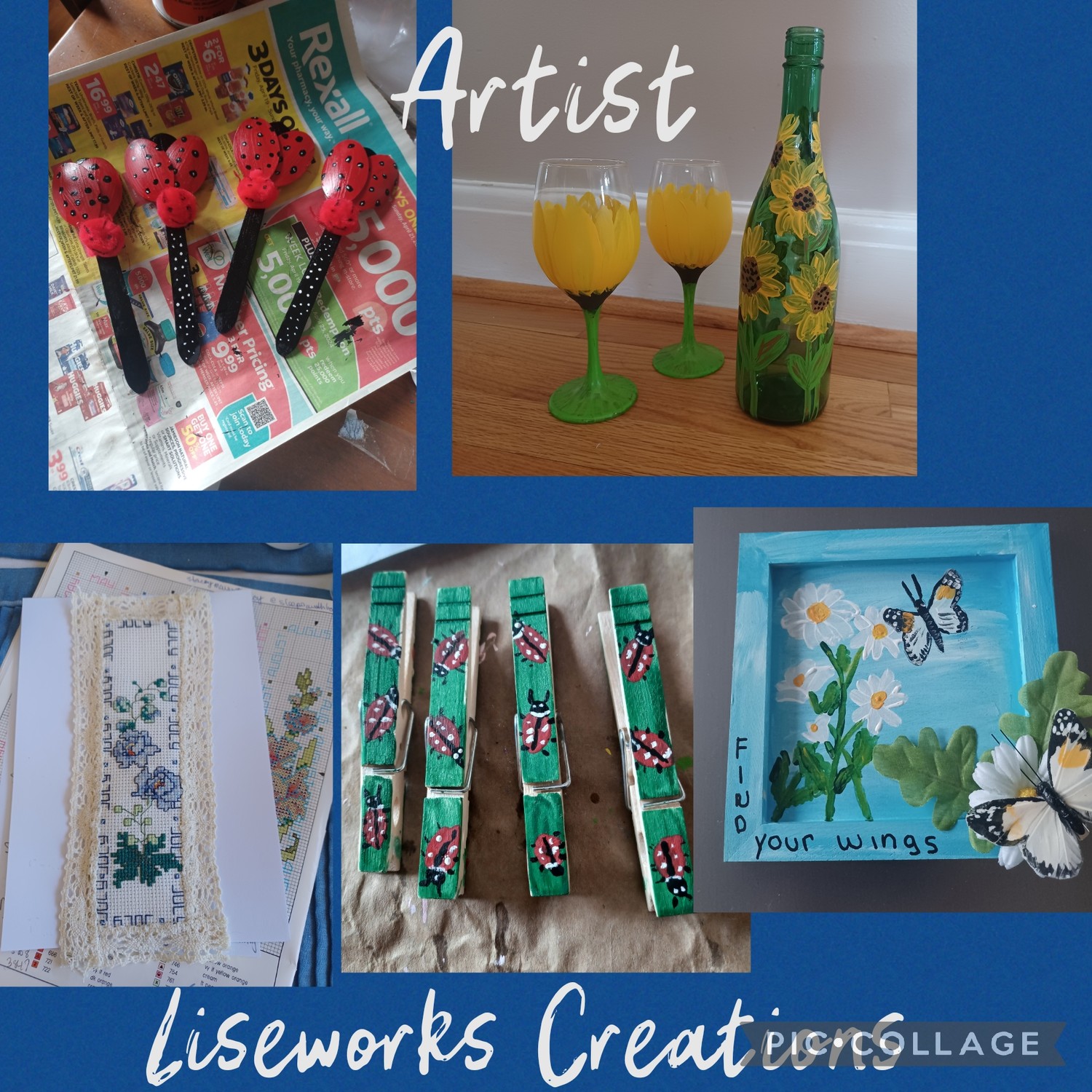 Liseworks Creations
Bookmarks, Greeting Cards, key chains, post cards, hand painted glassware